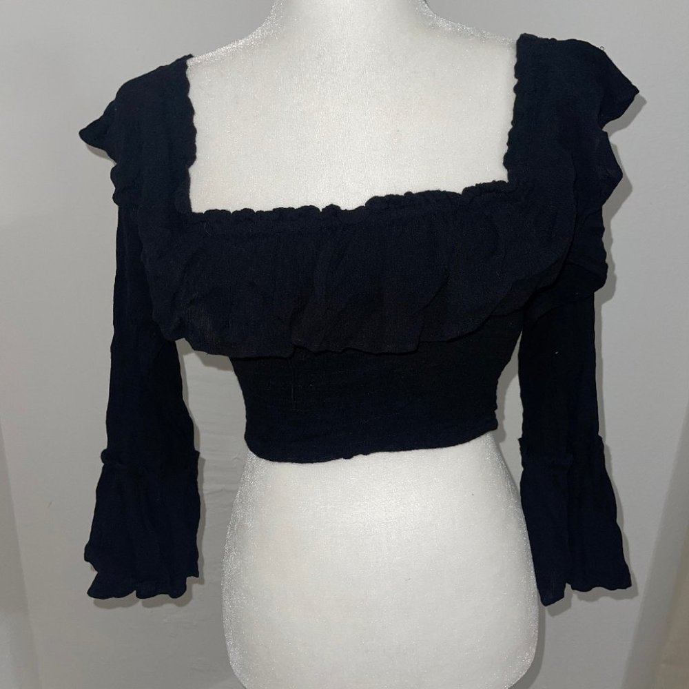 Black Off Shoulder Crop Top with Bell Bottom arms